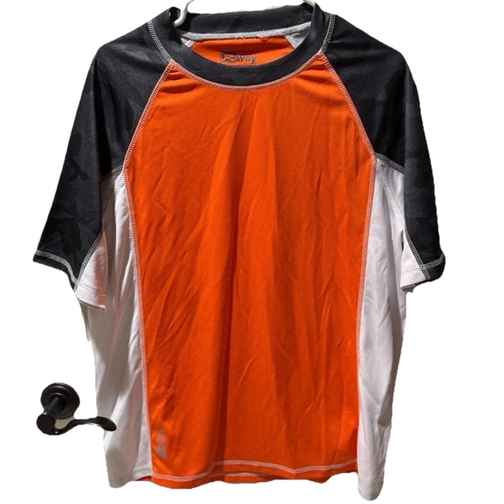 Men’s Rash Guard Swim Shirt Orange Black GREY CAMO Colorblock Athletic SPF 50 L